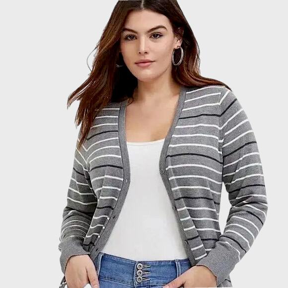 TORRID Boyfriend Cardigan Sweater Longline Button Up Lagenlook Striped Gray 2X - Picture 2 of 12